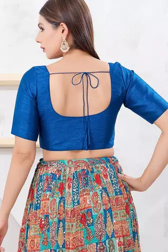 Women's dupion silk padded front open elbow sleeves saree blouse