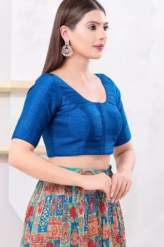 Women's dupion silk padded front open elbow sleeves saree blouse