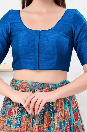Women's dupion silk padded front open elbow sleeves saree blouse