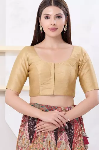 Women's dupion silk padded front open elbow sleeves saree blouse