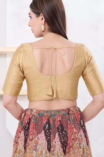 Women's dupion silk padded front open elbow sleeves saree blouse