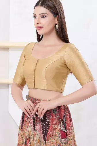 Women's dupion silk padded front open elbow sleeves saree blouse
