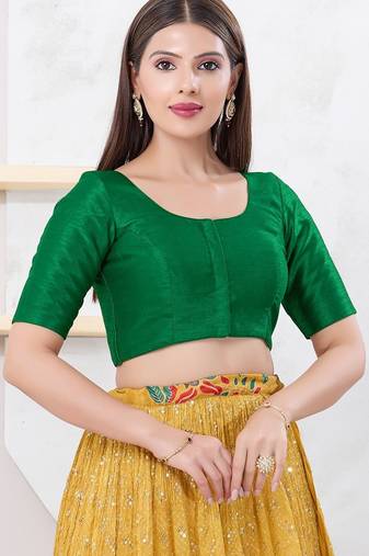 Women's dupion silk padded front open elbow sleeves saree blouse