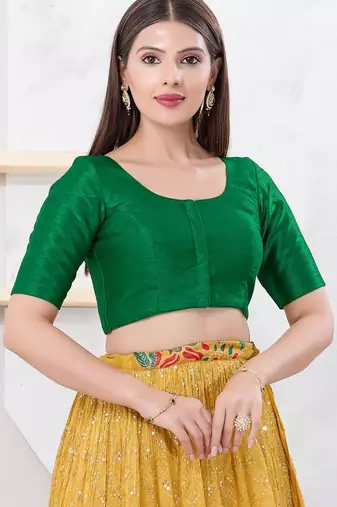 Women's dupion silk padded front open elbow sleeves saree blouse