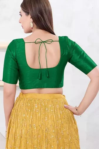 Women's dupion silk padded front open elbow sleeves saree blouse