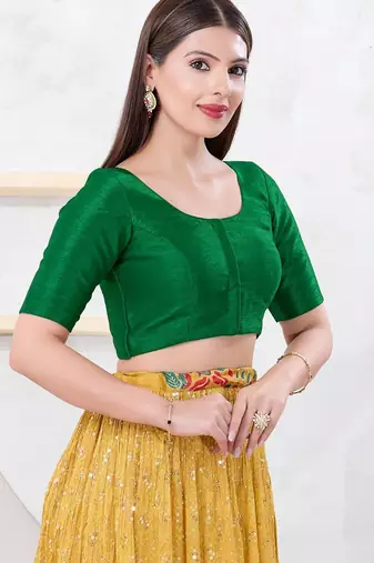 Women's dupion silk padded front open elbow sleeves saree blouse