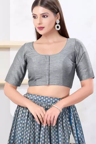 Women's dupion silk padded front open elbow sleeves saree blouse