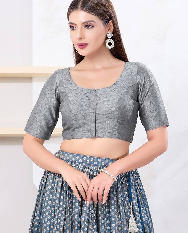 Women's dupion silk padded front open elbow sleeves saree blouse