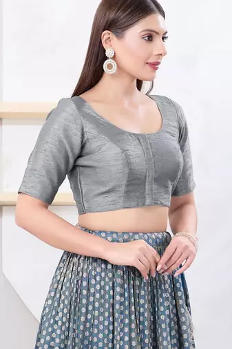 Women's dupion silk padded front open elbow sleeves saree blouse
