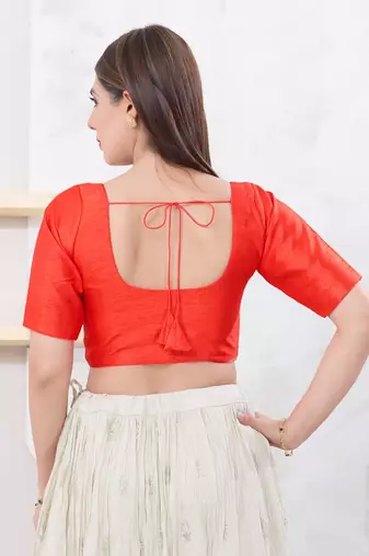 Women's dupion silk padded front open elbow sleeves saree blouse