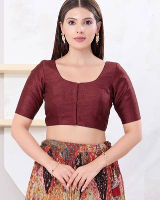 Women's dupion silk padded front open elbow sleeves saree blouse 1