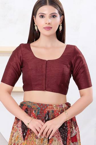 Women's dupion silk padded front open elbow sleeves saree blouse