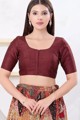 Women's dupion silk padded front open elbow sleeves saree blouse