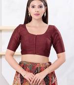 Women's dupion silk padded front open elbow sleeves saree blouse