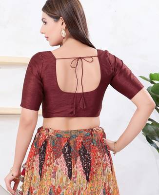 Women's dupion silk padded front open elbow sleeves saree blouse 2