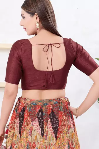Women's dupion silk padded front open elbow sleeves saree blouse