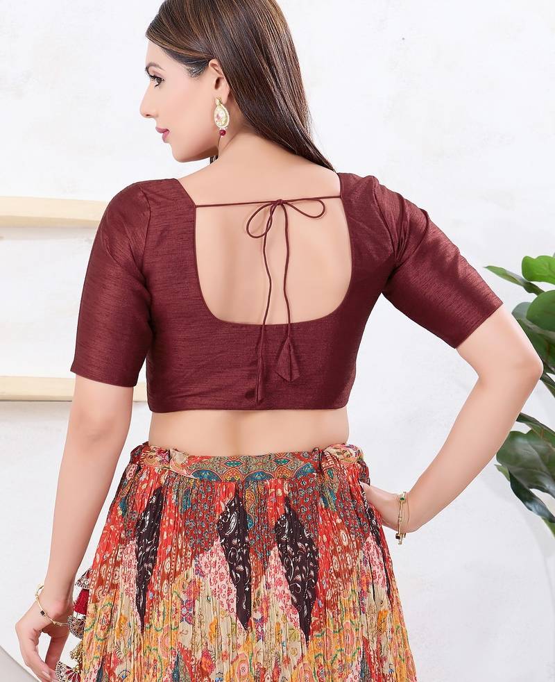 Women's dupion silk padded front open elbow sleeves saree blouse