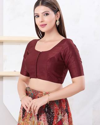 Women's dupion silk padded front open elbow sleeves saree blouse 3