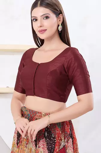 Women's dupion silk padded front open elbow sleeves saree blouse