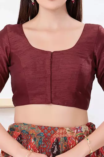 Women's dupion silk padded front open elbow sleeves saree blouse