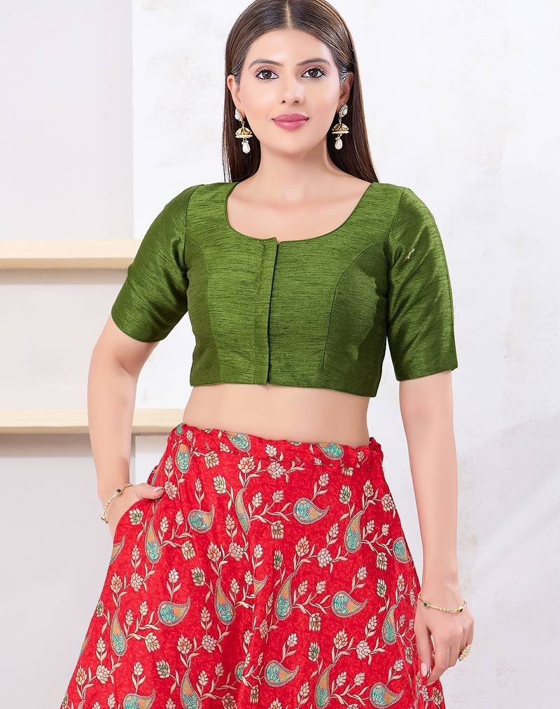 Women's dupion silk padded front open elbow sleeves saree blouse