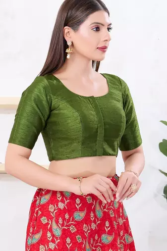 Women's dupion silk padded front open elbow sleeves saree blouse