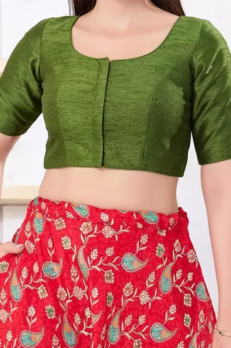 Women's dupion silk padded front open elbow sleeves saree blouse