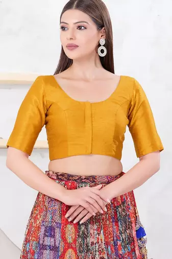 Women's dupion silk padded front open elbow sleeves saree blouse