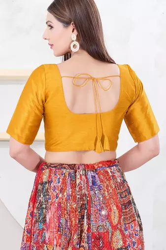 Women's dupion silk padded front open elbow sleeves saree blouse