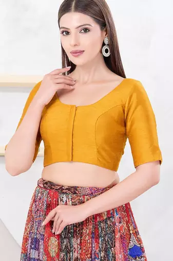 Women's dupion silk padded front open elbow sleeves saree blouse