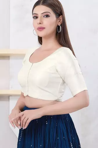 Women's dupion silk padded front open elbow sleeves saree blouse