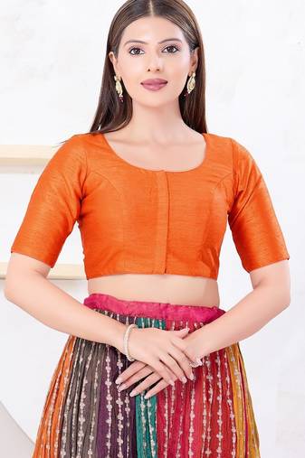 Women's dupion silk padded front open elbow sleeves saree blouse