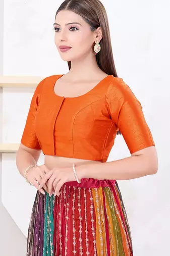 Women's dupion silk padded front open elbow sleeves saree blouse
