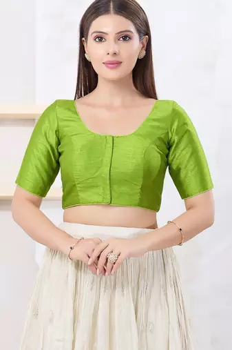 Women's dupion silk padded front open elbow sleeves saree blouse