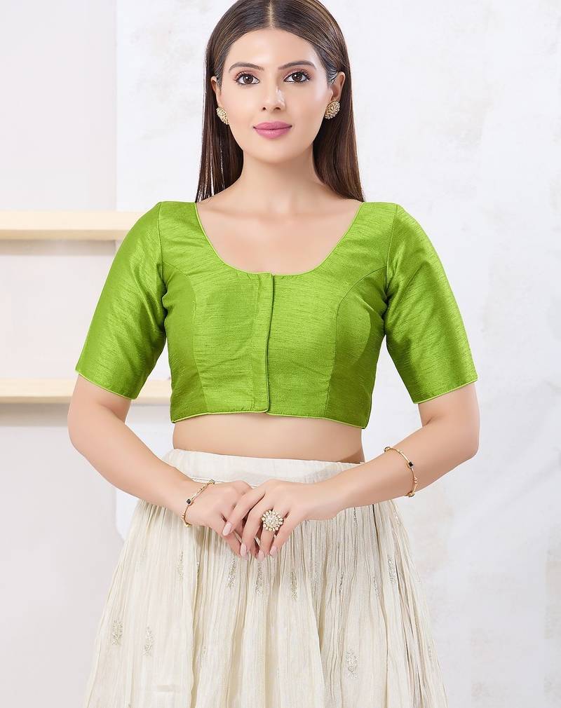 Women's dupion silk padded front open elbow sleeves saree blouse