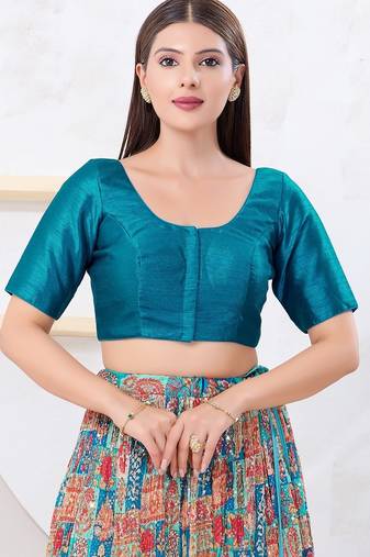 Women's dupion silk padded front open elbow sleeves saree blouse