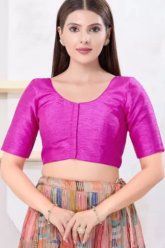 Women's dupion silk padded front open elbow sleeves saree blouse