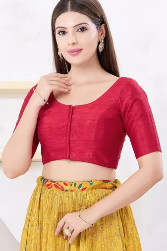 Women's dupion silk padded front open elbow sleeves saree blouse