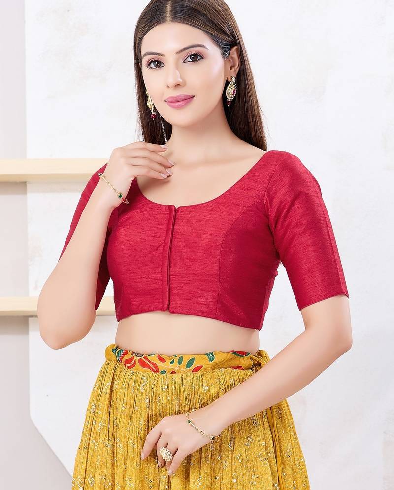 Women's dupion silk padded front open elbow sleeves saree blouse