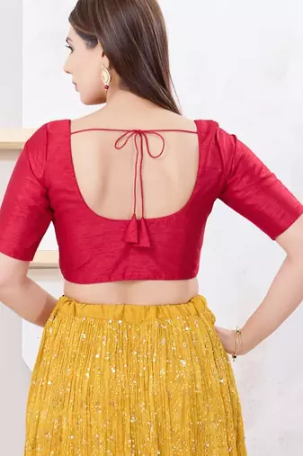 Women's dupion silk padded front open elbow sleeves saree blouse