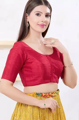 Women's dupion silk padded front open elbow sleeves saree blouse