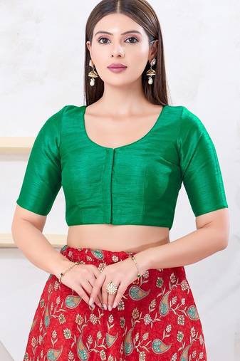 Women's dupion silk padded front open elbow sleeves saree blouse