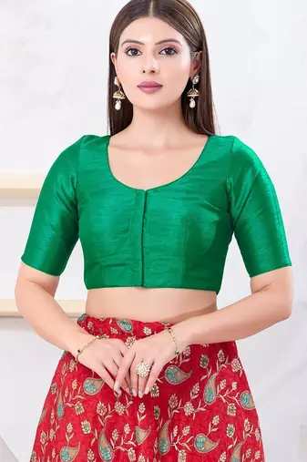 Women's dupion silk padded front open elbow sleeves saree blouse