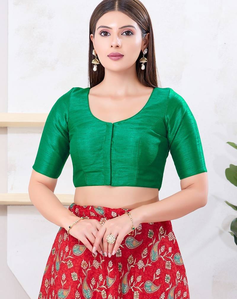 Women's dupion silk padded front open elbow sleeves saree blouse