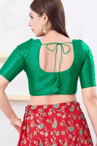 Women's dupion silk padded front open elbow sleeves saree blouse
