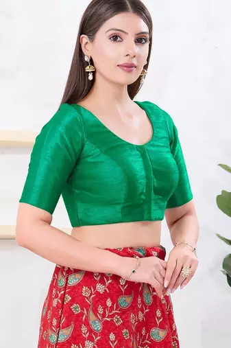 Women's dupion silk padded front open elbow sleeves saree blouse