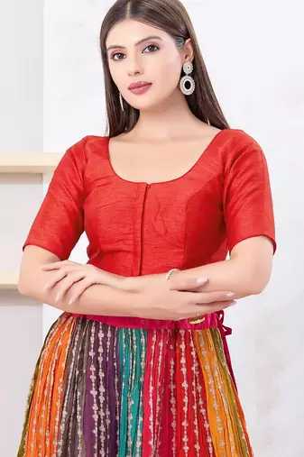 Women's dupion silk padded front open elbow sleeves saree blouse
