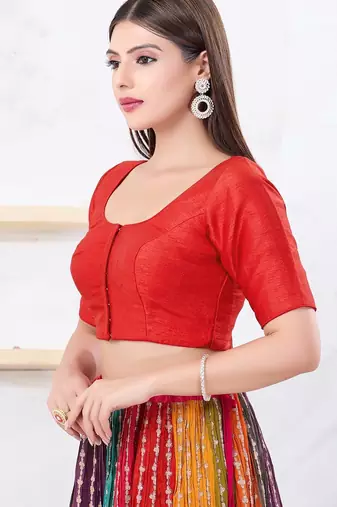 Women's dupion silk padded front open elbow sleeves saree blouse