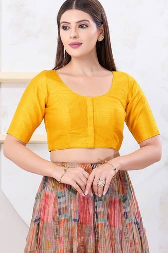 Women's dupion silk padded front open elbow sleeves saree blouse
