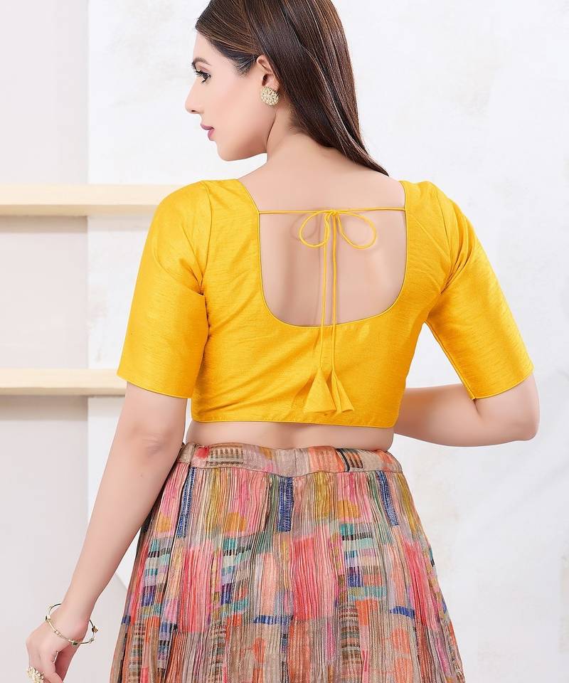 Women's dupion silk padded front open elbow sleeves saree blouse